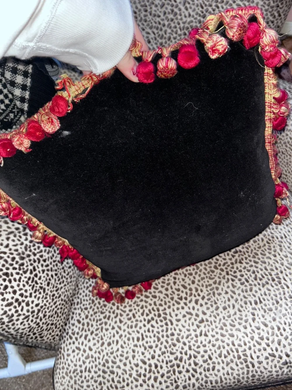 Antique Leopard trim peony flower needlepoint accent pillow